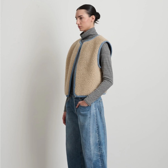 B SIDES Reversible Reworked Vintage Denim and Sherpa Vest Oatmeal XS/S $445 - Picture 2 of 8